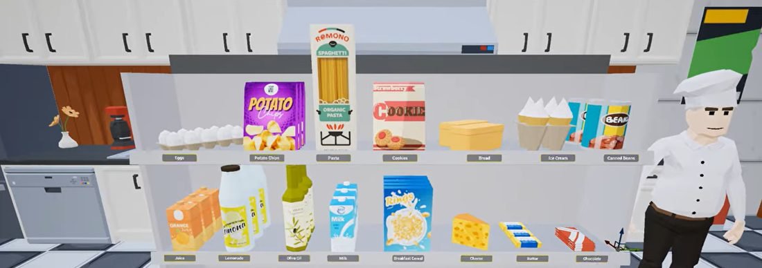 VR virtuvės ekrano vaizdas — produktų lentyna